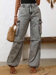 SHEIN LUNE Jeans amples à jambes larges, à cordon de serrage, à poches multiples, coupe décontractée pour femme