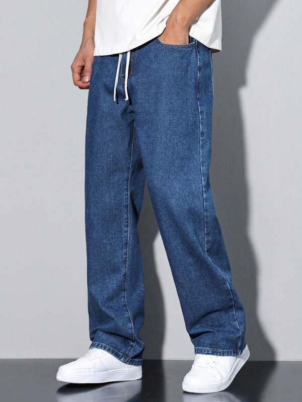Manfinity Homme Loose Men's Drawstring Waist Wide Leg Jeans