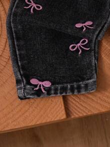 SHEIN Newborn Baby Girls' White Round Neck Sweatshirt, Pink Bow Print Denim Pants, Pink Bow Embroidery Cute Sweet Suit, Autumn/Winter