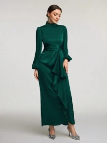 Veilorie Đầm suông dài tay cổ đứng màu trơn cho nữ, dáng suông, nhún bèo, giản dị, kín đáo - Màu xanh lá cây đậm - Xem 6