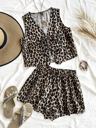 Soleia 2pcs/Set Women's V-Neck Tie Front Crop Top And Loose Shorts, Leopard Print Vacation Casual Wear, Party