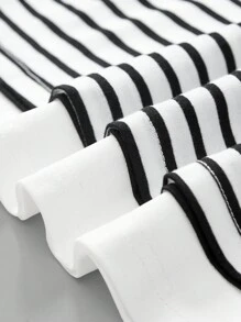 Tseoso 2 件套休闲针织条纹圆领短袖宽松女式 T 恤 - 黑與白 - 查看 5