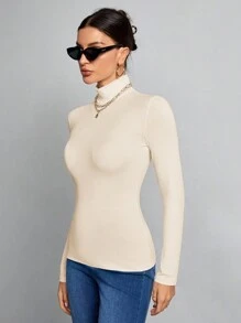 SHEIN Tall Simple Solid Color Slim High Collar White Top Suitable For Autumn And Winter Basic Long Sleeve Tops, Tall Women - Beige - View 4