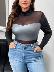 SHEIN Privé Body de dimensiuni plus confortabile, casual, elastic, din plasă din PU, cu mânecă lungă, neagră, potrivită pentru doamnele de începutul toamnei - Gri inchis - Vizualizare 3