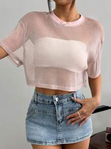 SHEIN EZwear 粉色网眼女士圆领落肩短袖短款上衣