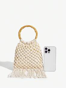 SHEIN SXY 女士手提包，时尚、优雅、简约、个性化、多功能，手工钩编，流苏，适合海滩、度假、假日、夏季、海边，与钩编套装完美搭配 - 杏色 - 查看 5