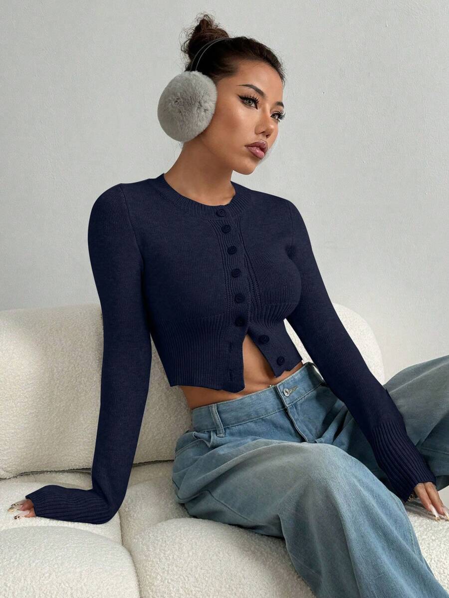 SHEIN Unity Women's Solid Color Front Button Long Sleeve Casual Blouse - Navy Blue - View 1