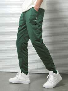EURMUSE Pantalones jogger de hombre de algodón con cordón impresión de letras - Verde - Ver 5