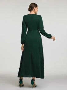 Modelyn Women's V-Neck Lantern Sleeve Pleated Elegant Arabian Modest Long Sleeve Dress Long Evening Dresses