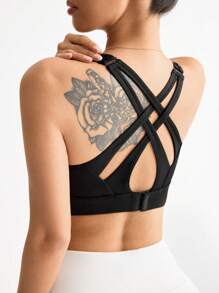 Easithlete Women's Solid Color Criss-Cross Back Everyday Sports Bra - Black - View 3