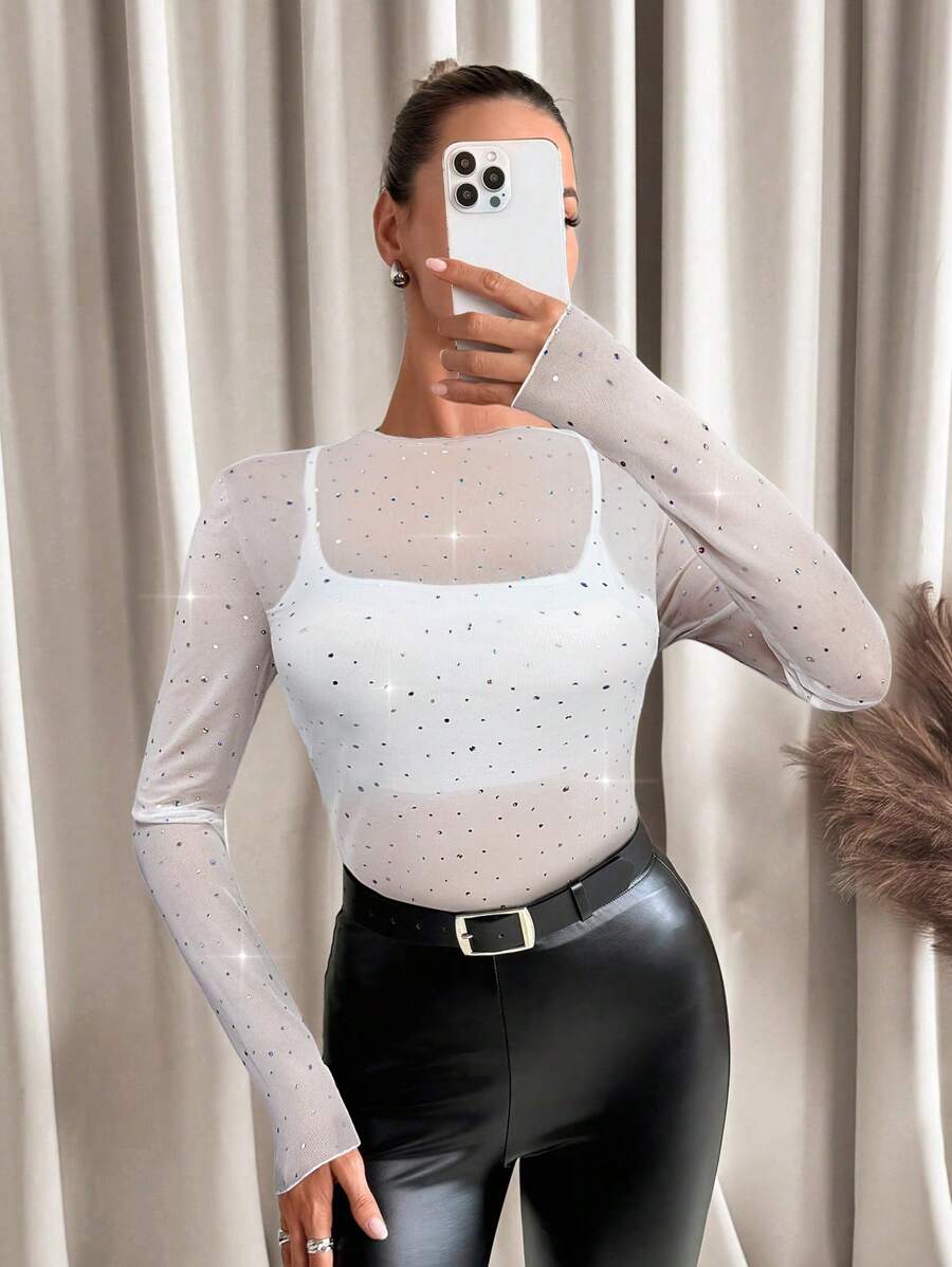 SHEIN Clasi Elegante camicetta luccicante in rete con strass per festa - Bianco - Visualizzare 1