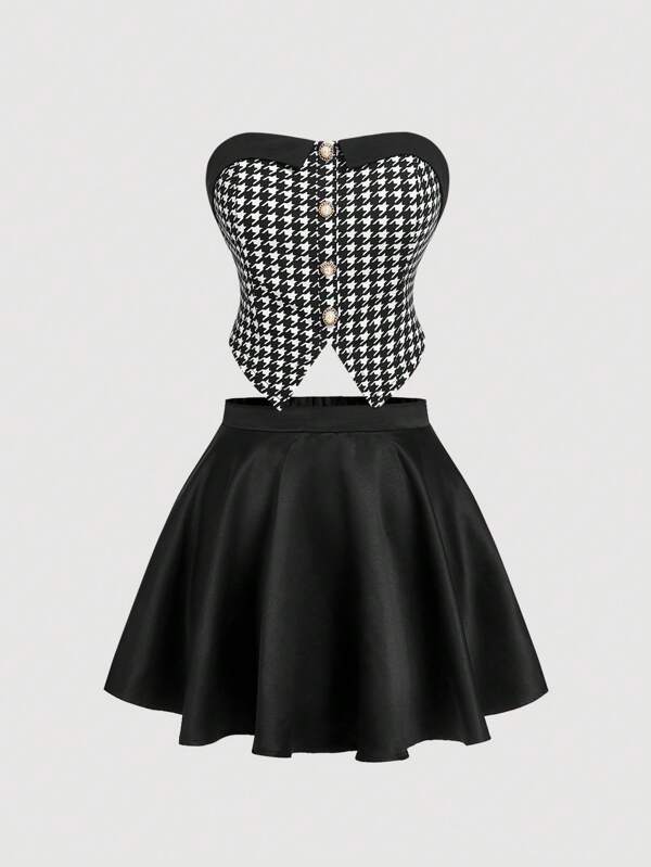 SHEIN MOD Plus Size Colorblock Houndstooth Print Bandeau Top & Satin Midi Skirt 2 Pieces Set