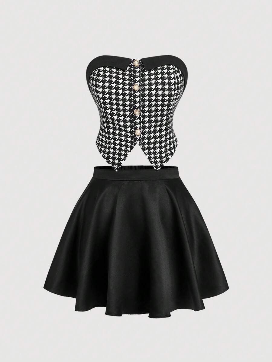 SHEIN MOD Plus Size Colorblock Houndstooth Print Bandeau Top & Satin Midi Skirt 2 Pieces Set - Black and White - View 1