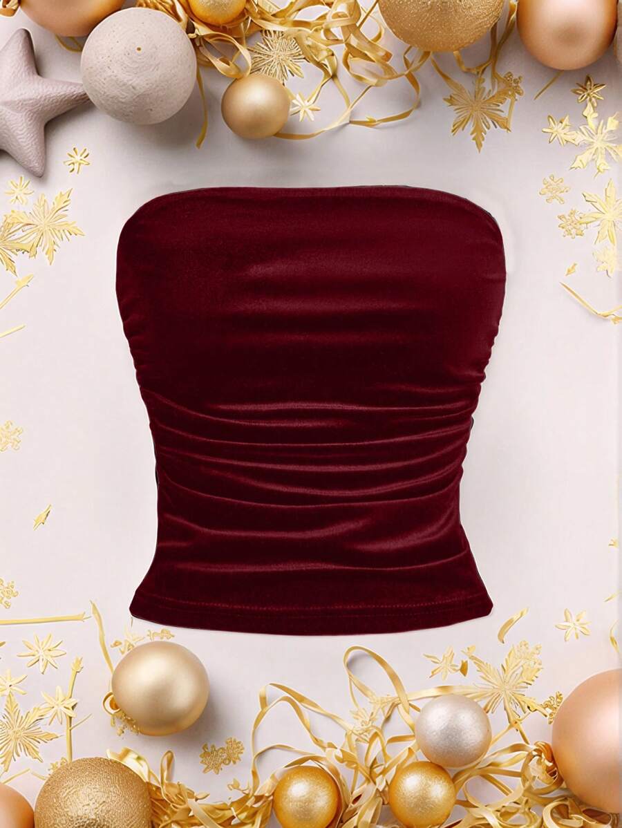 SHEIN EZwear Women's Elegant Burgundy Velvet Camisole Top Christmas