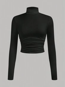 SHEIN Girlism 4 件装少女纯色豹纹印花高领褶皱长袖 T 恤套装