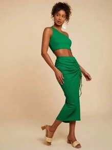 Travachic 2 stuks/set dames effen spaghettibandjes camisole top en minirok