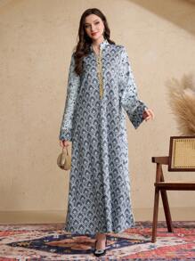 Al Najma 2025 Spring Turkish Arabian Printed Long Robe Dress Kaftan Jalabiya Dress - Grey - View 3