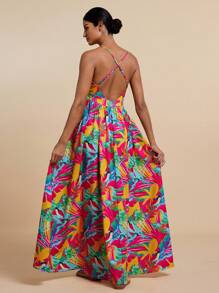 Travachic Vestido sin mangas con escote en V con estampado de plantas tropicales para mujeres