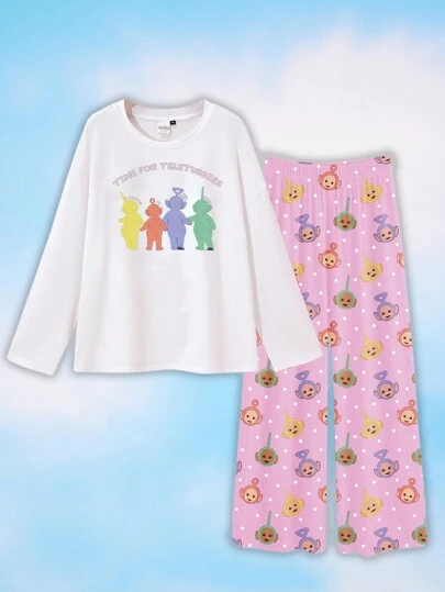 Teletubbies X SHEIN 大码女式Y2K可爱白色宽松卡通字母印花T恤和粉色波点卡通印花裤子睡衣套装，舒适保暖，秋冬服装