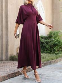 SHEIN Clasi Women's Middle East Style Casual Vacation Commute Front Waist Shirred Gathered Sleeve Dress, Spring/Summer/Autumn