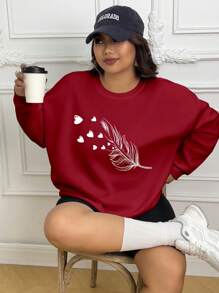 INAWLY Plus Feather Print Drop Shoulder Sweatshirt, Winter Pullover Fall Autumn - Burgundy - View 5