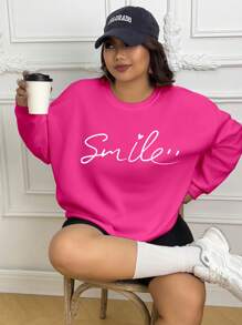 INAWLY Plus Size Letter Graphic Drop Shoulder Thermal Lined Sweatshirt, For Winter Fall Cloth For Women Autumn - Hot Pink - View 4