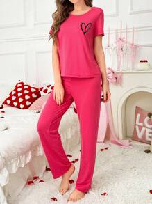 心形与字母图案短袖和长裤女士睡衣套装 - 粉色 - 查看 4