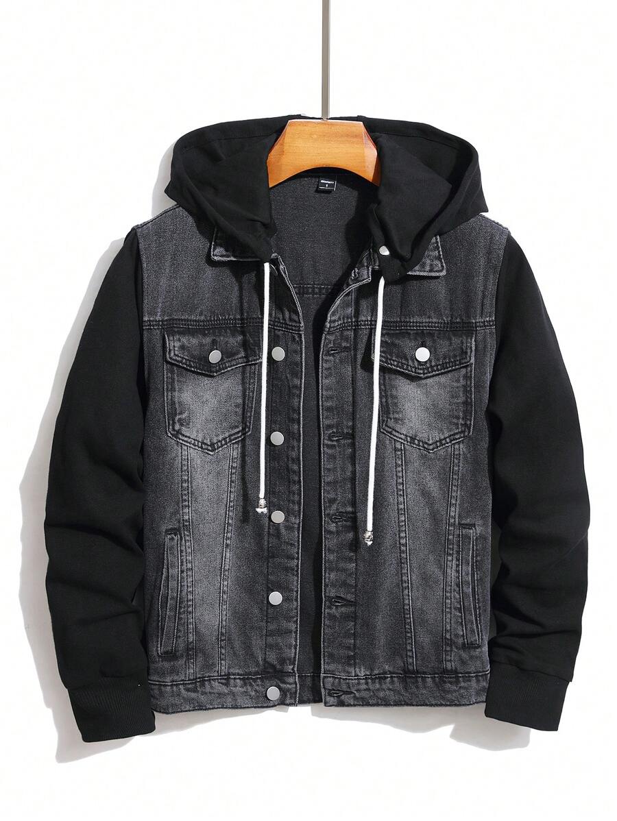 Manfinity Homme Plus Size Men's Single Breasted Drawstring Hooded Casual Denim Jacket For Autumn Hang Out Going Out College Vacation Street