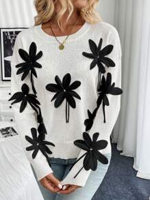 SHEIN Unity 3D Handmade Floral Decorative Sweater, Autumn/Winter Fashion Knit Pullover Fall Sweater - White - View 5
