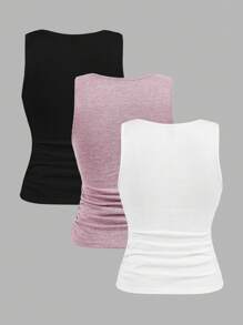 SHEIN LUNE 3件套休闲简约纯色修身女式吊带背心，适合所有季节的运动套装，夏季女式背心 - 彩色 - 查看 3
