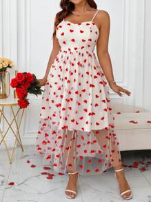 SHEIN Clasi Plus Size Valentine's Day Heart Net Mesh A-Line Casual Slip Dress - White - View 5