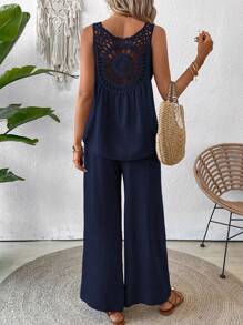 Breezaya 2pcs/Set Women Solid Color Sleeveless Crew Neck Top And Long Pants - Blue - View 2