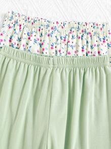 SHEIN 4 件套年轻女孩甜美花卉图案卷边短袖上衣和长裤休闲家居服套装