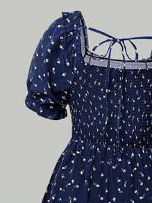 Sunnyshic 大码女式花卉印花方领灯笼袖连衣裙，简约风格 - 藏蓝色 - 查看 4