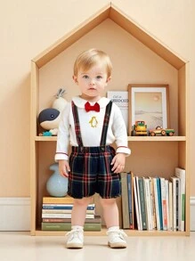 欧式男婴和女婴限量版圣诞装，白领休闲衬衫搭配经典黑红格子吊带短裤，企鹅刺绣设计搭配红色领结，可爱喜庆，适合节日庆祝 - 彩色 - 查看 3