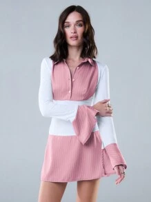 SHEIN Unity 拼色条纹拼接大袖口长袖衬衫裙，情人节装 - 粉色 - 查看 8