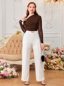 SHEIN Leap Crew Teen Girl Ruched Knit Mesh Long Sleeve T-Shirt - Brown - View 6