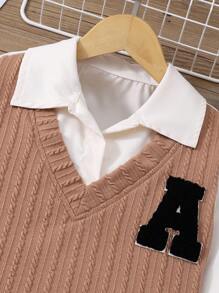 2pcs Tween Girl Collared Short Top And Loose Straight Leg Jeans Pants Set