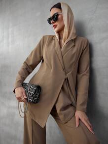 Modelyn Women's Solid Color Notched Collar Long Sleeve Twist Knotted Jacket & Pants Set, Casual Commuter Suit For Autumn - Brown - View 1