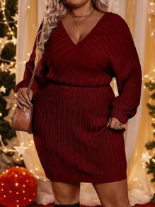 SHEIN LUNE Plus Size Women's Solid Color Knitted Cross V-Neck Backless Bat Wing Sleeve Elegant And Sexy Formal Sweater Dress, Autumn/Winter - Burgundy - View 4