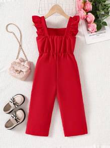Young Girl' Ruffle Trim Wide Leg Jumpsuit, Summer - Red - View 2