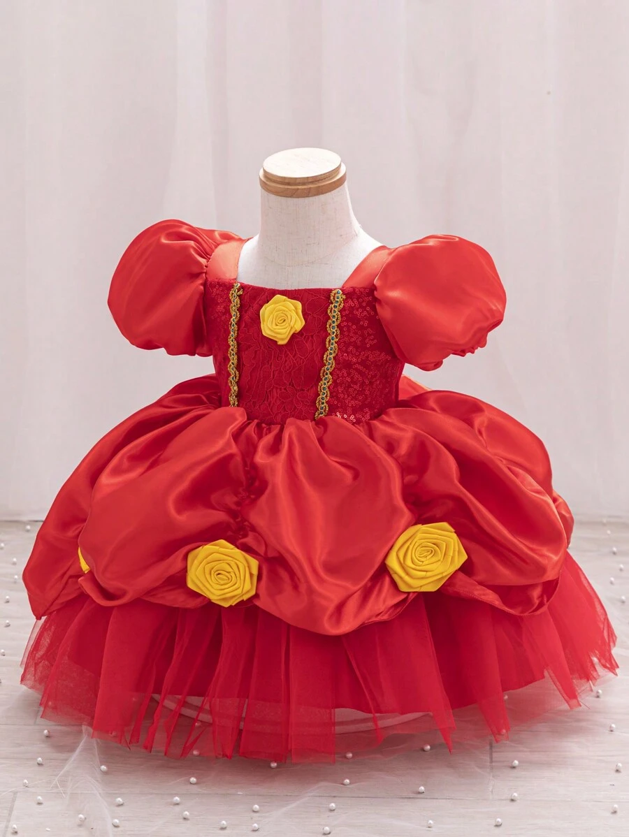 Glamorique Kids 圣诞女婴派对/公主裙,女童圣诞老人/新年裙,红色闪亮短款泡泡袖裙,配黄色蕾丝下摆,适合舞台表演、角色扮演和日常穿着 - 紅色 - 查看 1