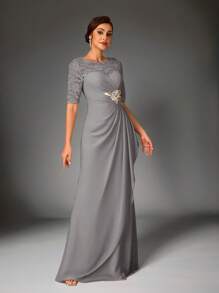 Serin Elegant And Graceful Mother Of The Bride Dress, Champagne Color Sequined Lace Patchwork Chiffon Fabric, Strapless, Round Neck, Middle Sleeve, Pleated Waist, Sequined Decoration, Ruffle Hem, Suitable For Weddings, Parties, Mother's Day Events - Dark Grey - View 1