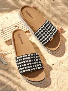 Styleloop Braided Rope Thick Sole Slip-On Sandals, Casual Wear For Party, Vacation And Daily Life Spring Shoes Spring Break Easter - Black and White - View 1