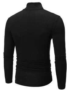 Manfinity Homme Men High Neck Long Sleeve Plain Tee, For Going Out, Fall - Black - View 2