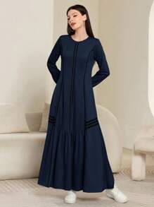 Seusyu Women Casual Contrast Striped Sweatshirt Dress, Autumn/Winter - Navy Blue - View 4