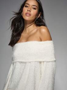 MISSGUIDED 超大露肩毛绒针织迷你毛衣裙冬秋温暖舒适家居服长袖宽松露肩领口晚会