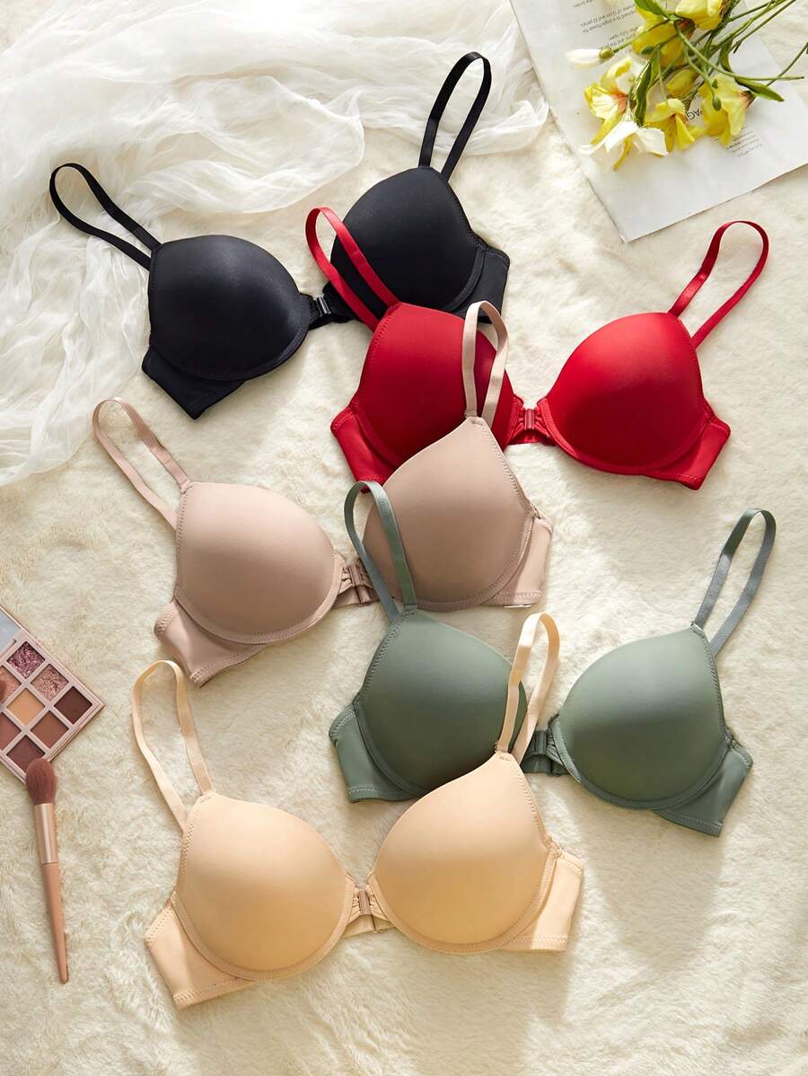 5 件套女士简约前扣无钢圈胸罩休闲聚拢运动胸罩内衣 - 彩色 - 查看 1