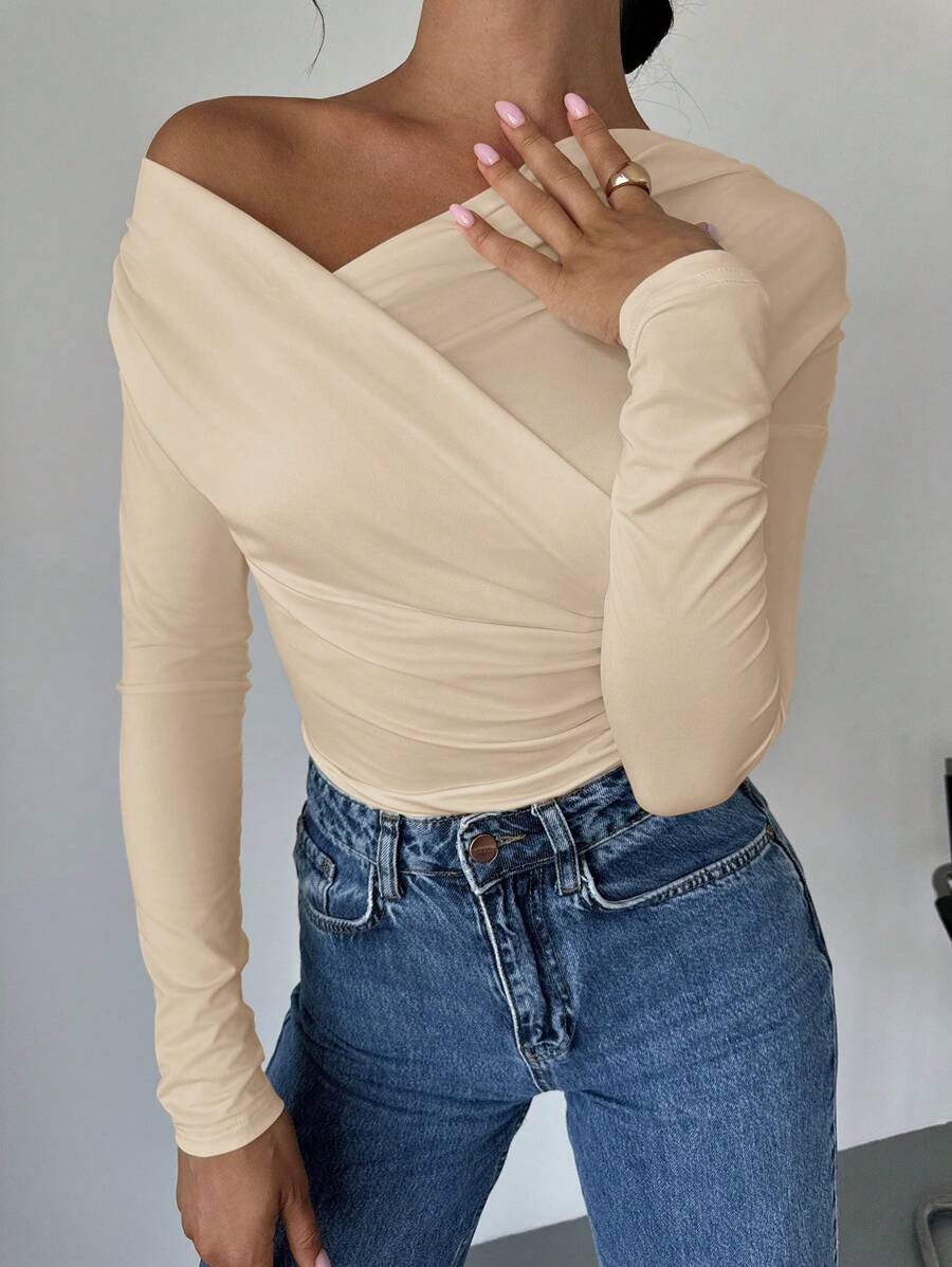 Firerie Camiseta envolvente con cuello asimétrico de unicolor para mujer - Albaricoque - Ver 1