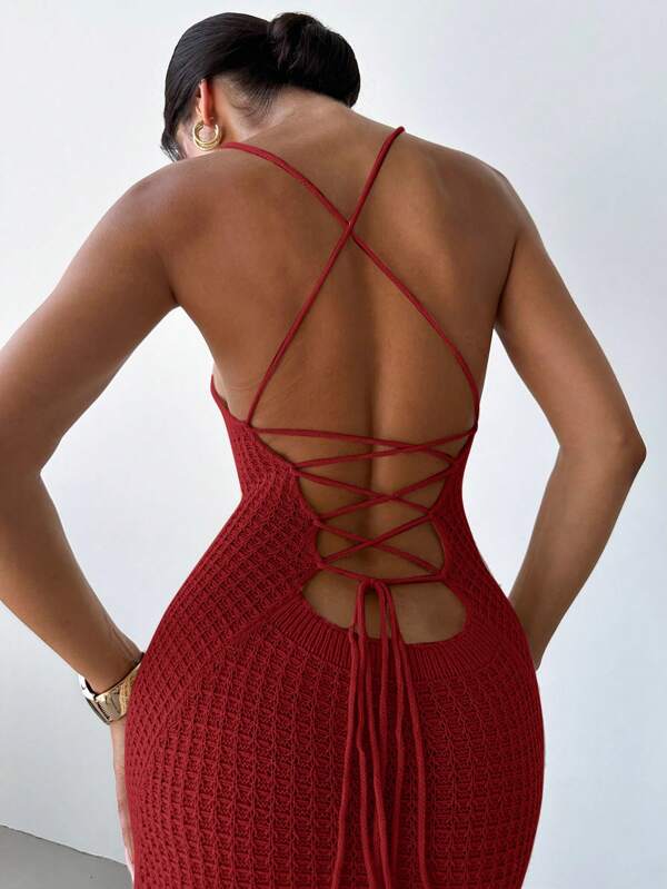 Firerie Rochie roșie din tricot midi, elegantă, sexy, încrucișată, fără spate, cu fantă, ocazională și elegantă